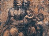 London National Gallery Next 20 06 Leonardo da Vinci - The Virgin and Child with Saint Anne and Saint John the Baptist Leonardo da Vinci - The Virgin and Child with St. Anne and St. John the Baptist, 14991500, 105  42 cm. Leonardos cartoon shows the Virgin Mary seated on the knee of her mother, St. Anne, while holding the Christ Child, who is blessing St. John the Baptist. The detail in the darkest shadows and brightest highlights gives the faces a mysterious radiance. The completed oil version in the Louvre in Paris.